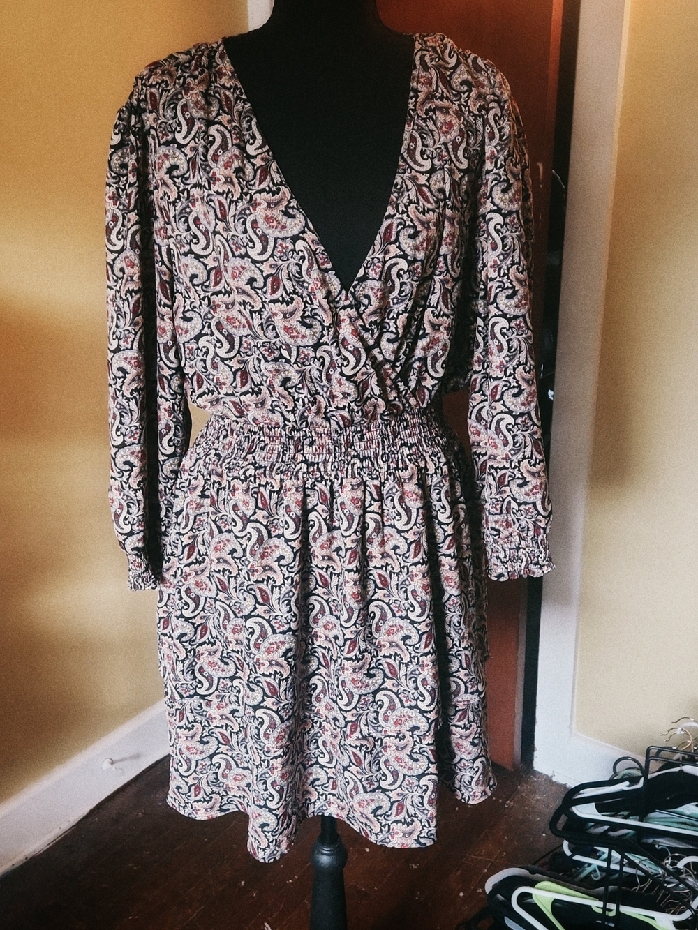Paisley Surplice Long Sleeve Dress in Cream and Black